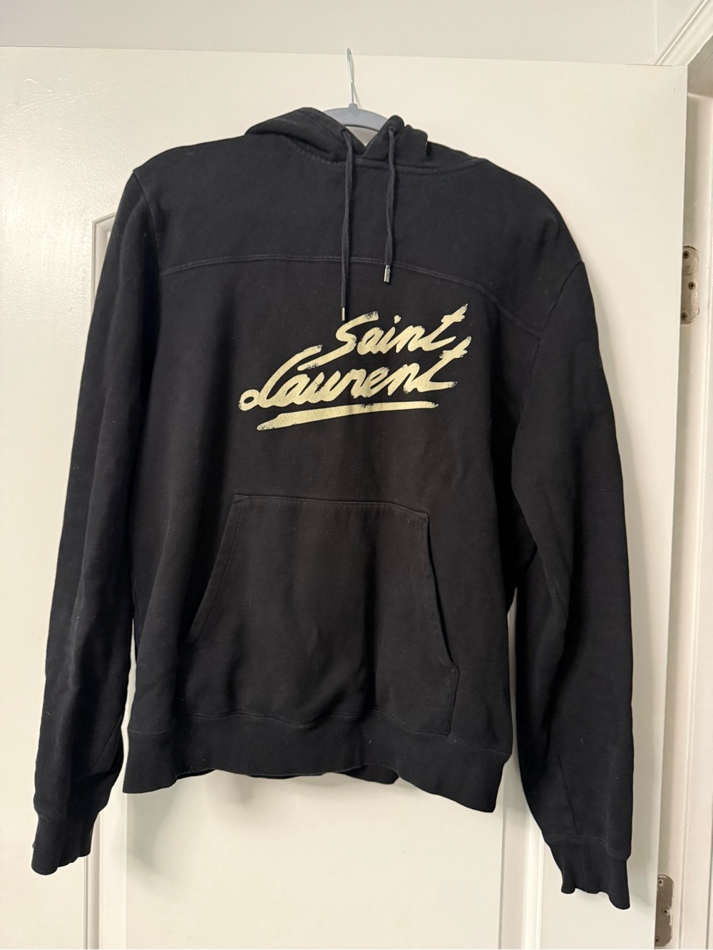 Saint Laurent Black Hoodie with Cream Script Logo